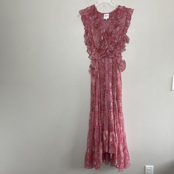 MISA Natasha Dress Womens Large Pink Floral Cut Out Midi Ruffle V-Neck Sheer - Picture 3 of 16